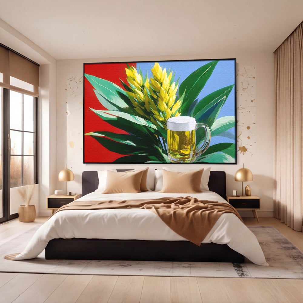 Tablou canvas cu tablou canvas cu halba de bere si frunze tropicale, in rama de aluminiu negru, pe perete intr-un dormitor